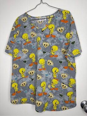 Warner Bros. Tweety Bird Gray Scrubs V-Neck Top Looney Tunes